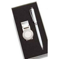 Silver Classic Round Golf Ball Money Clip w/Matching Ball Point Pen in Box